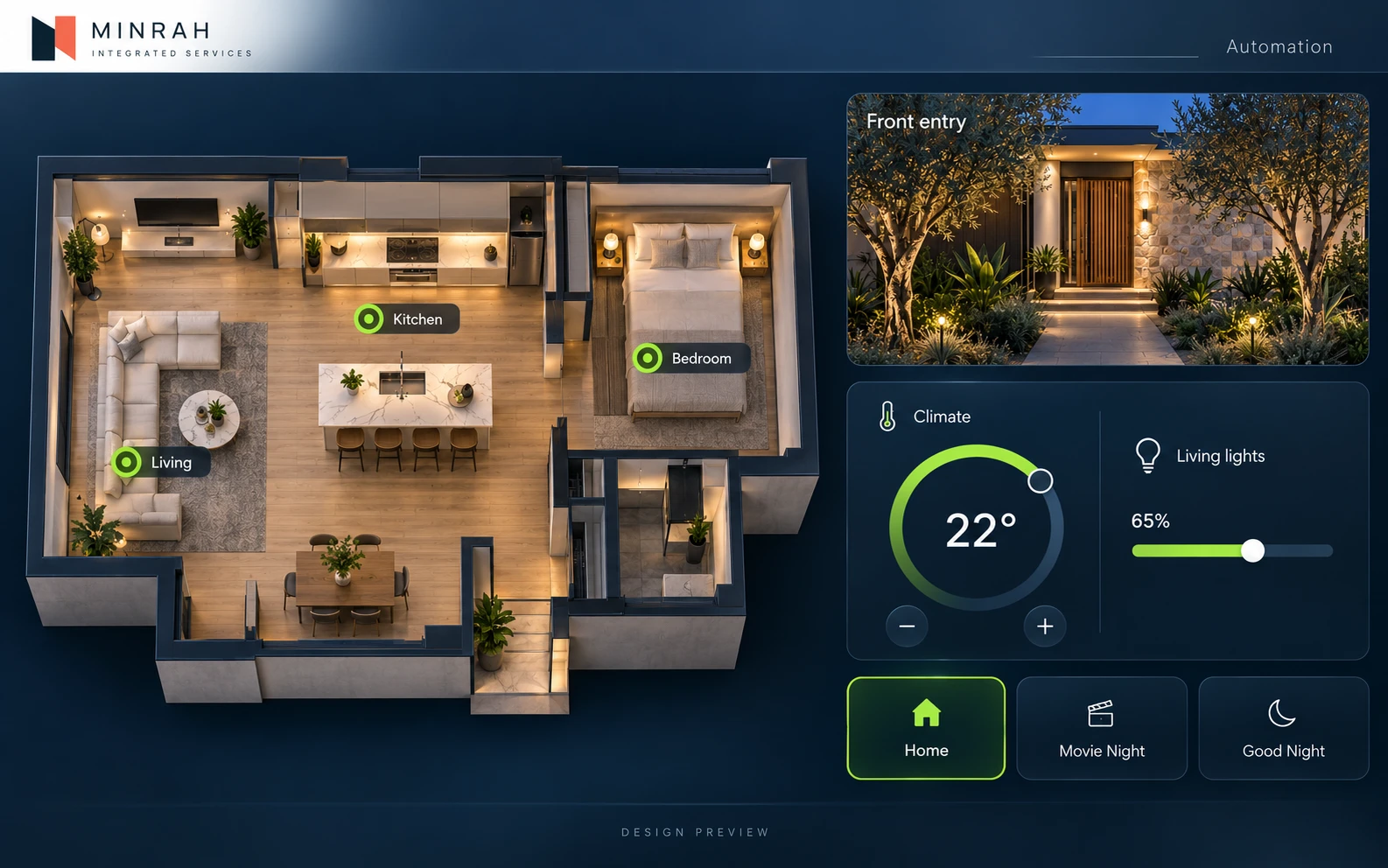 Minrah dashboard design preview with realistic room imagery and controls