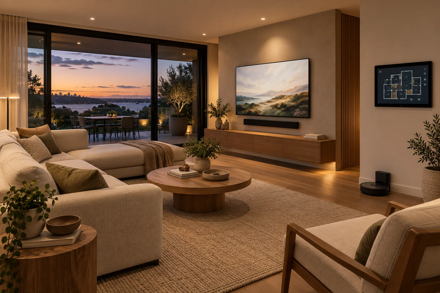 Illustrative living room with a discreet wall control screen