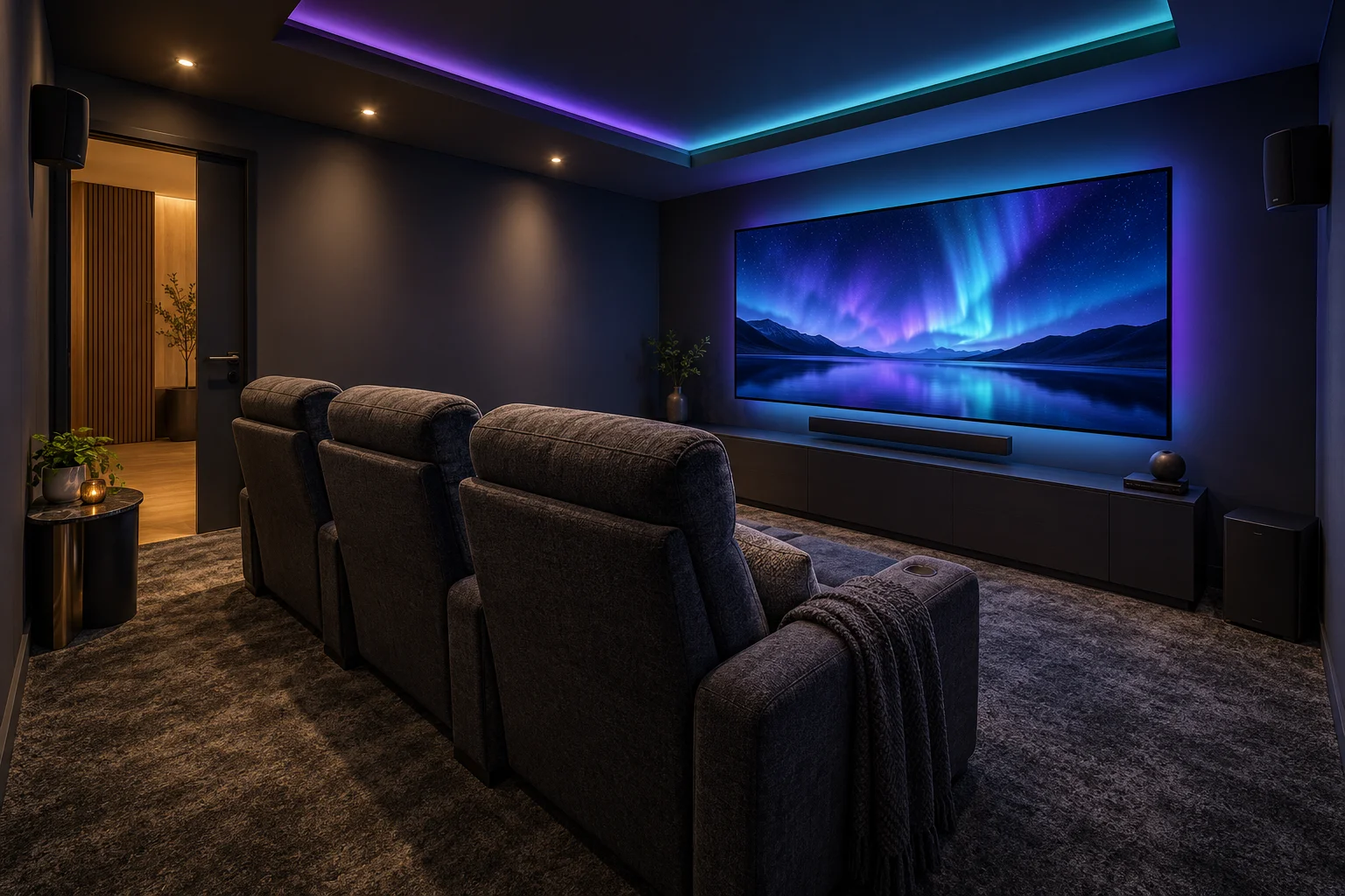 Illustrative theatre room with surround speakers and blue and violet accent lighting